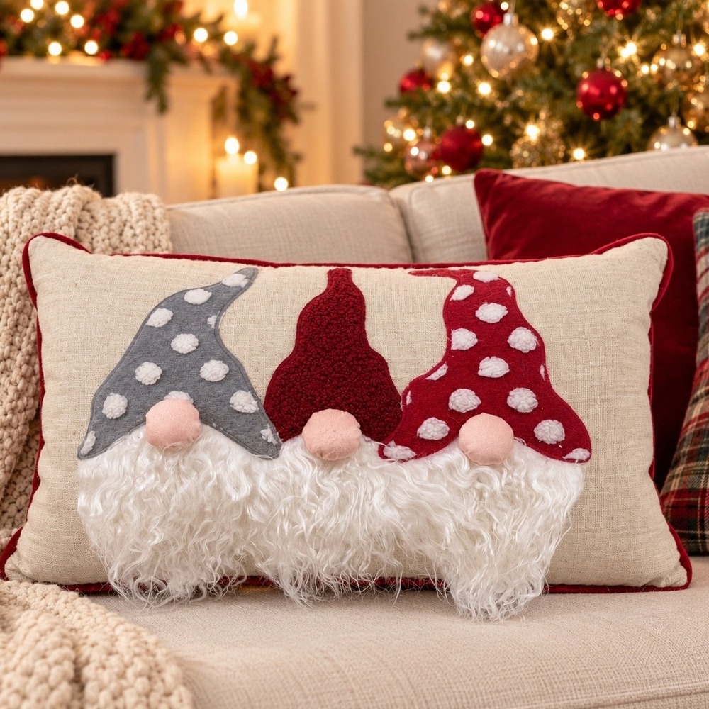 Lovingkindness Christmas Gnome Lumbar Pillow 14x24 Red Velvet 3 Gnomes Holiday